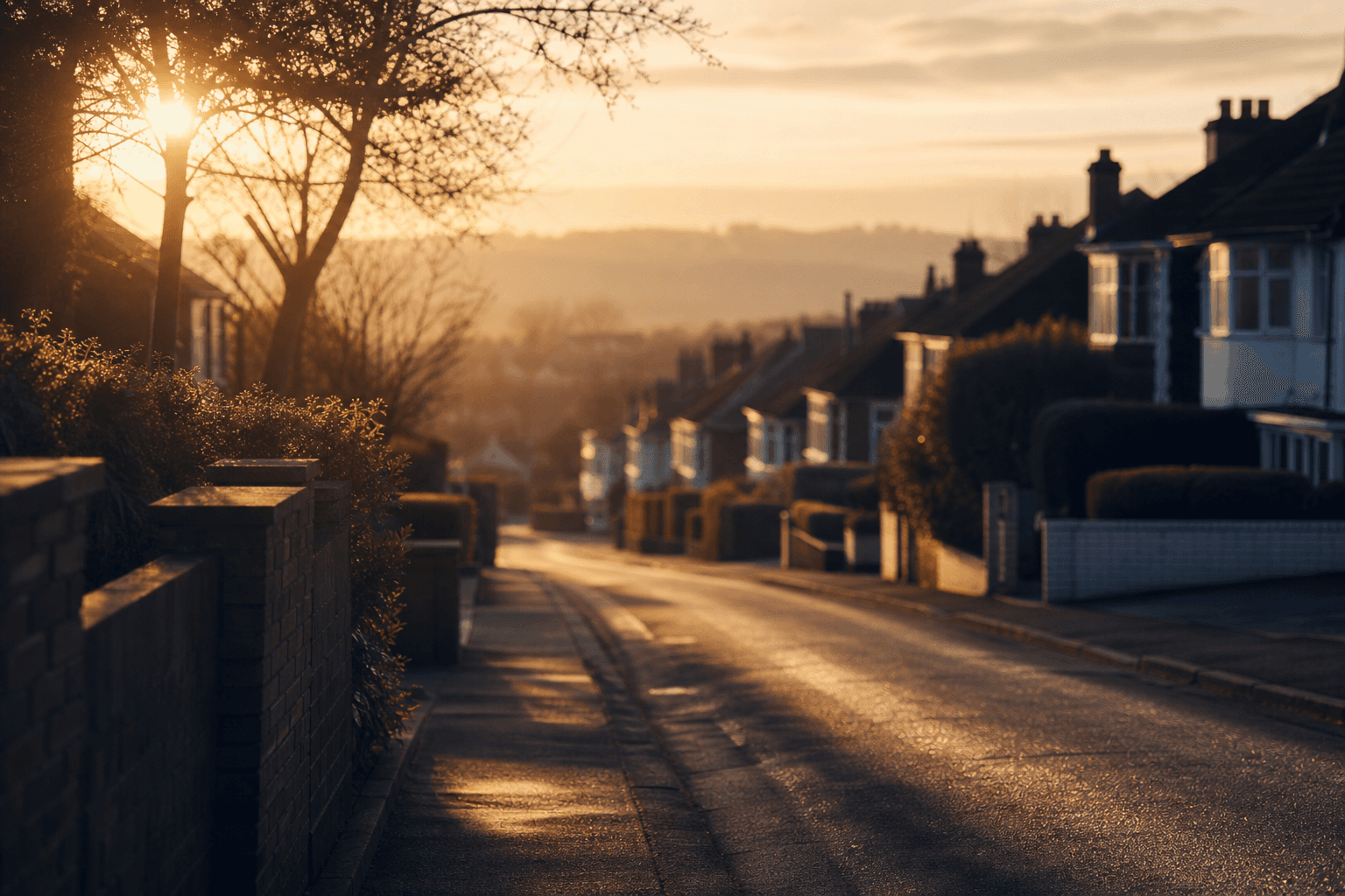 A quiet residential street at sunrise, the start of the school run