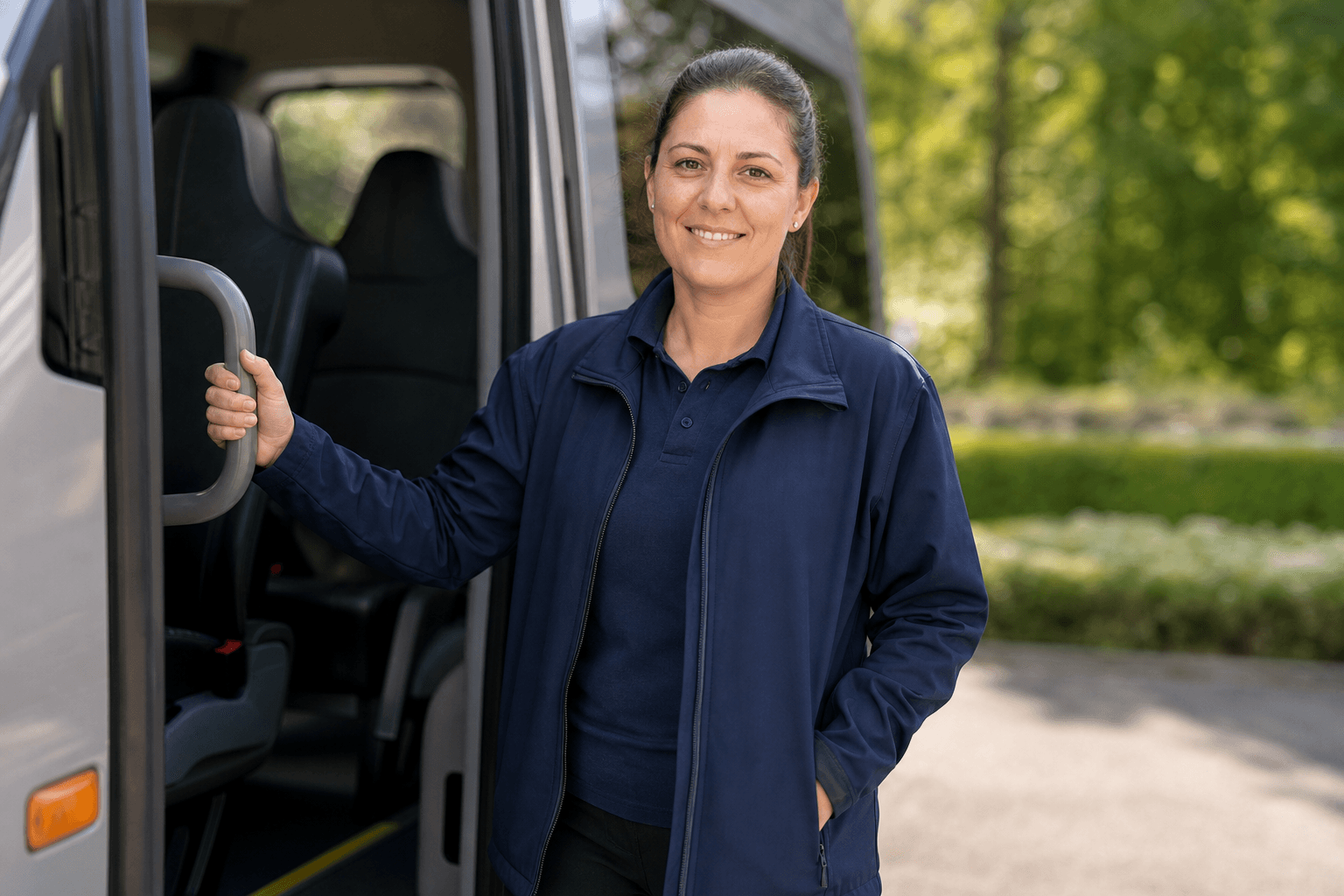 An Ultimate Travel passenger assistant beside a minibus