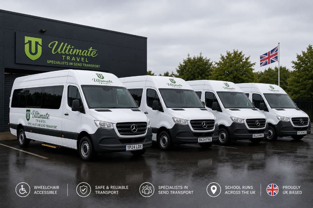 The Ultimate Travel fleet of white Mercedes-Benz minibuses, specialists in SEND transport