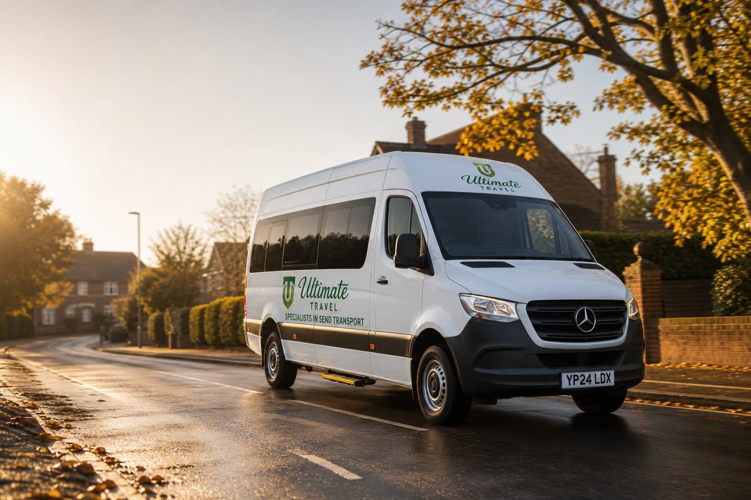 An Ultimate Travel minibus, specialists in SEND transport, on a tree-lined road in soft morning light